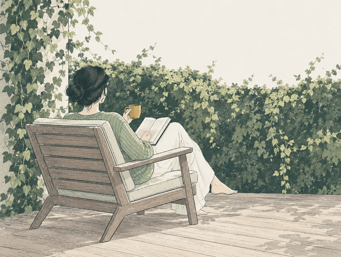 Ilustración de una mujer leyendo en un jardín privado
