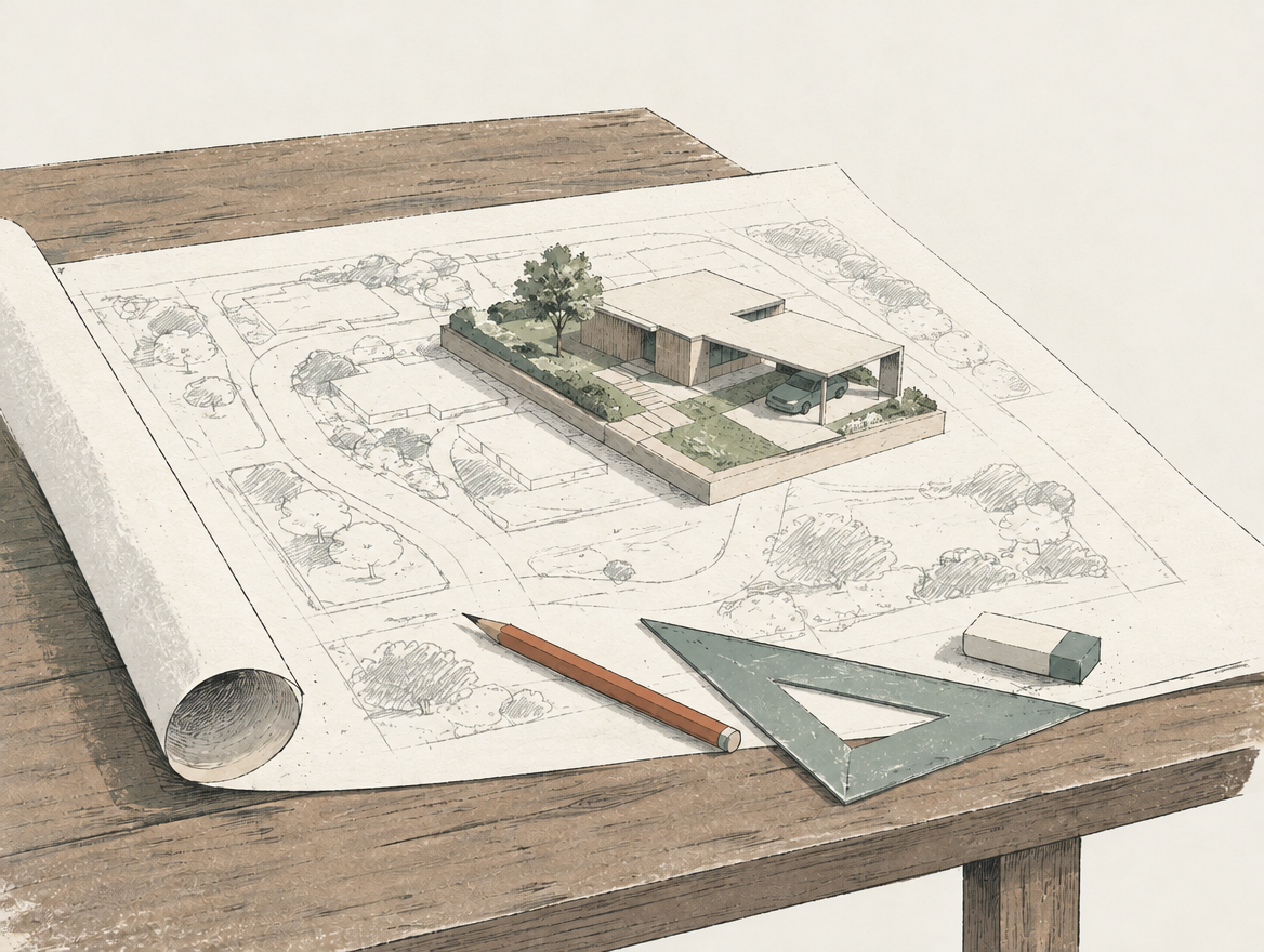 Ilustración de un plano y una maqueta de una casa con jardín