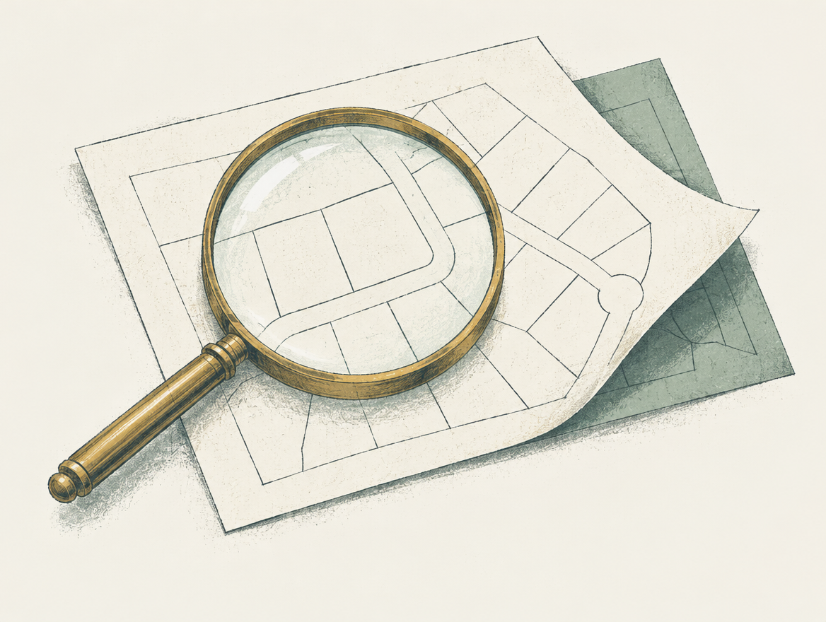 Ilustración de una lupa sobre planos de lotes