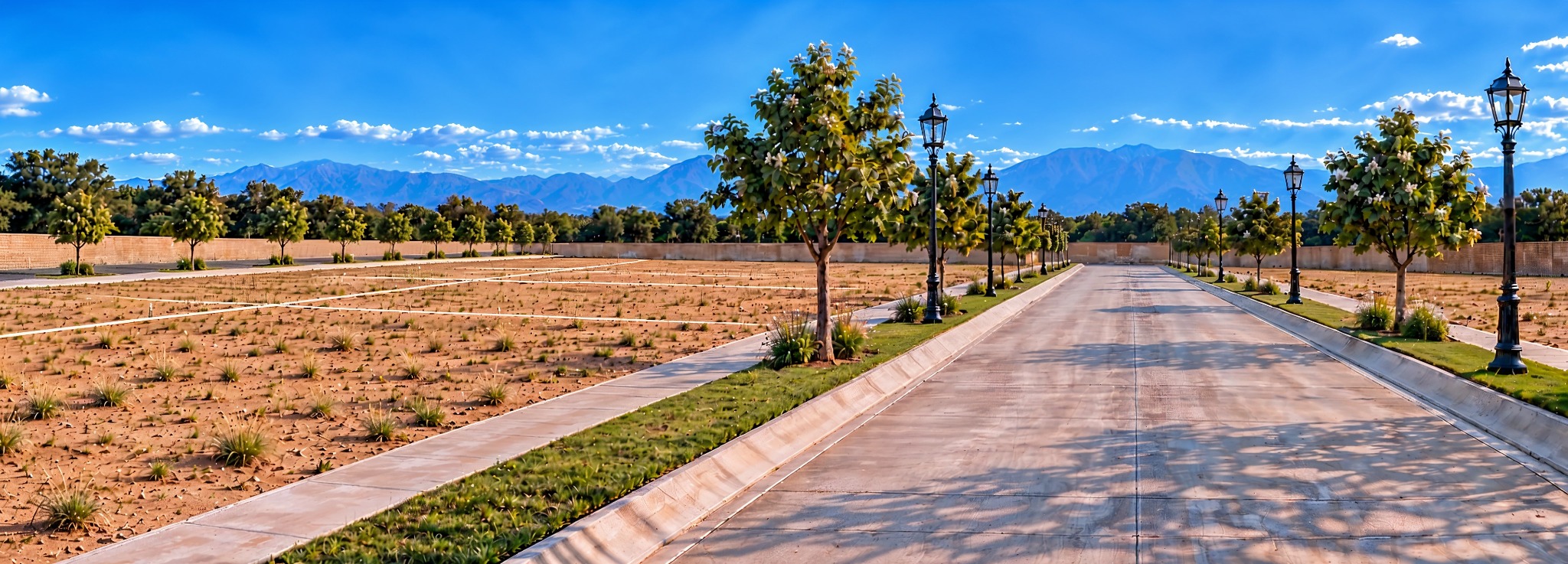 Render de la urbanización propuesta, con calle, banquetas, alumbrado y lotes delimitados