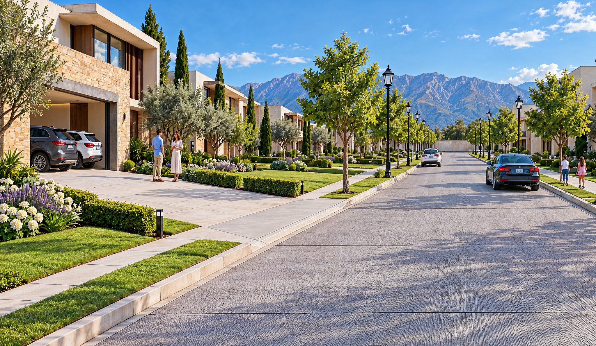 Render de una calle residencial con casas, jardines y familias